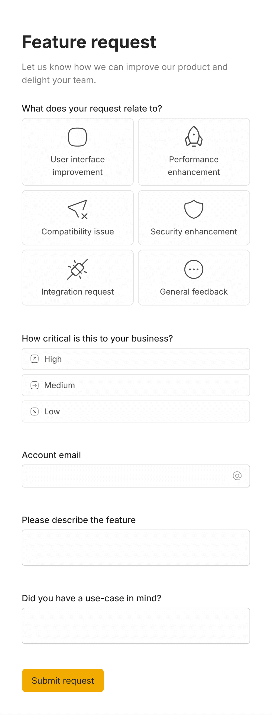 Request form template with several input fields and a 'Submit' button