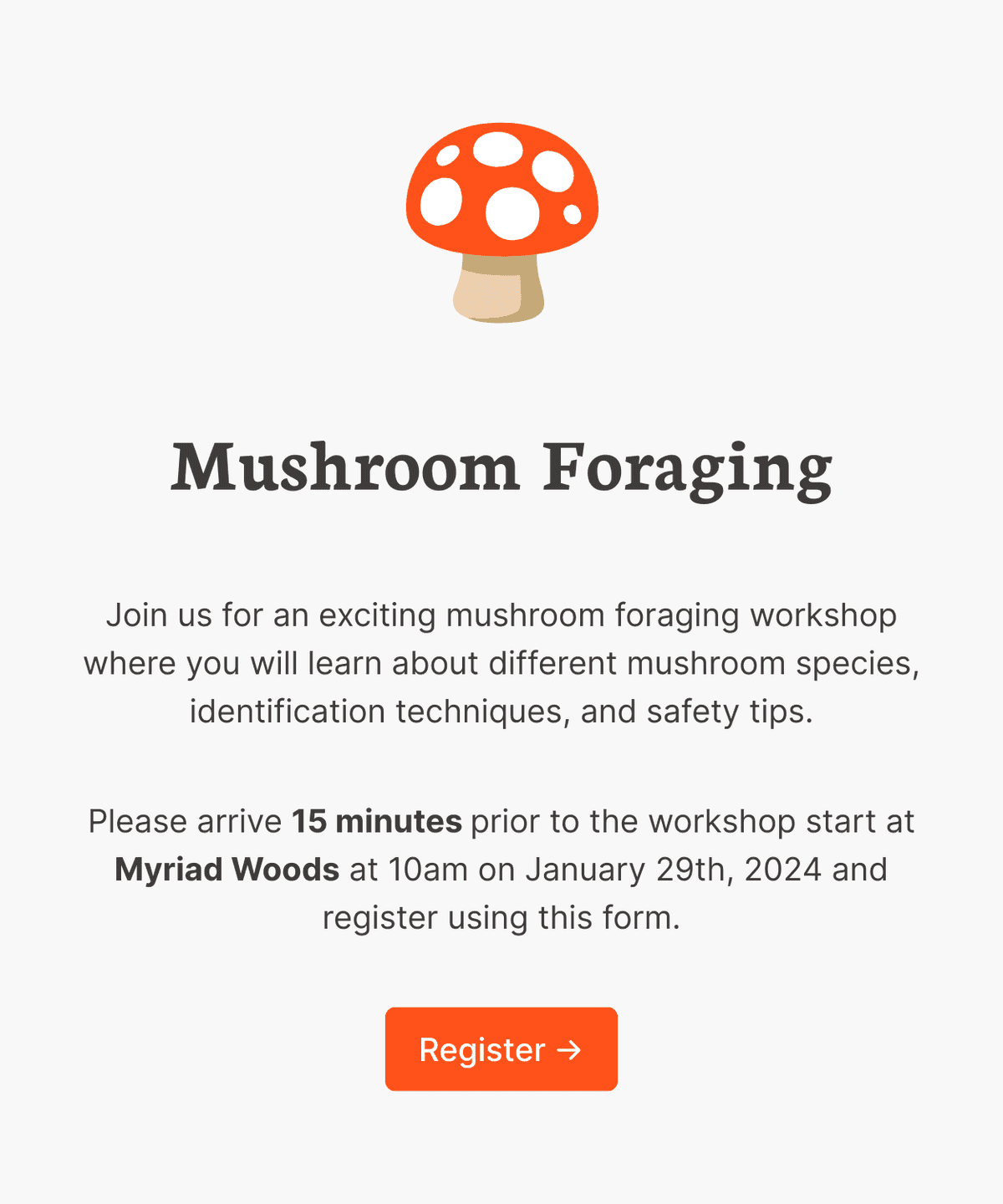 Welcome step of 'Foraging workshop registration form' with an illustration, introduction text, and a 'Register' button