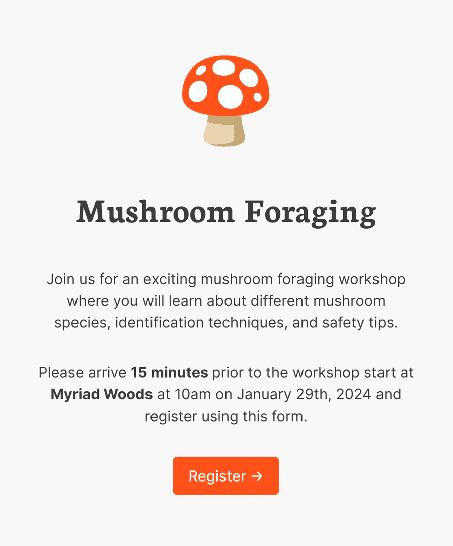 Welcome step of 'Foraging workshop registration form' with an illustration, introduction text, and a 'Register' button