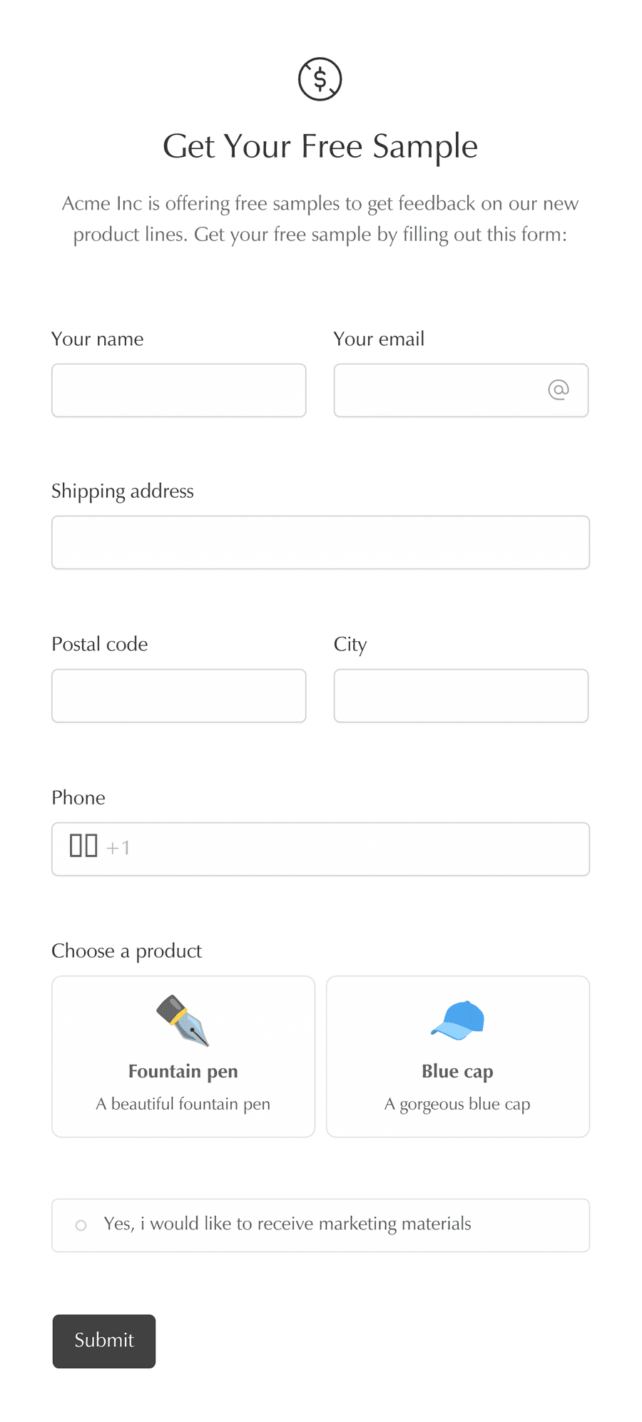 A request form with a logo, header text, and input fields to collect personal information