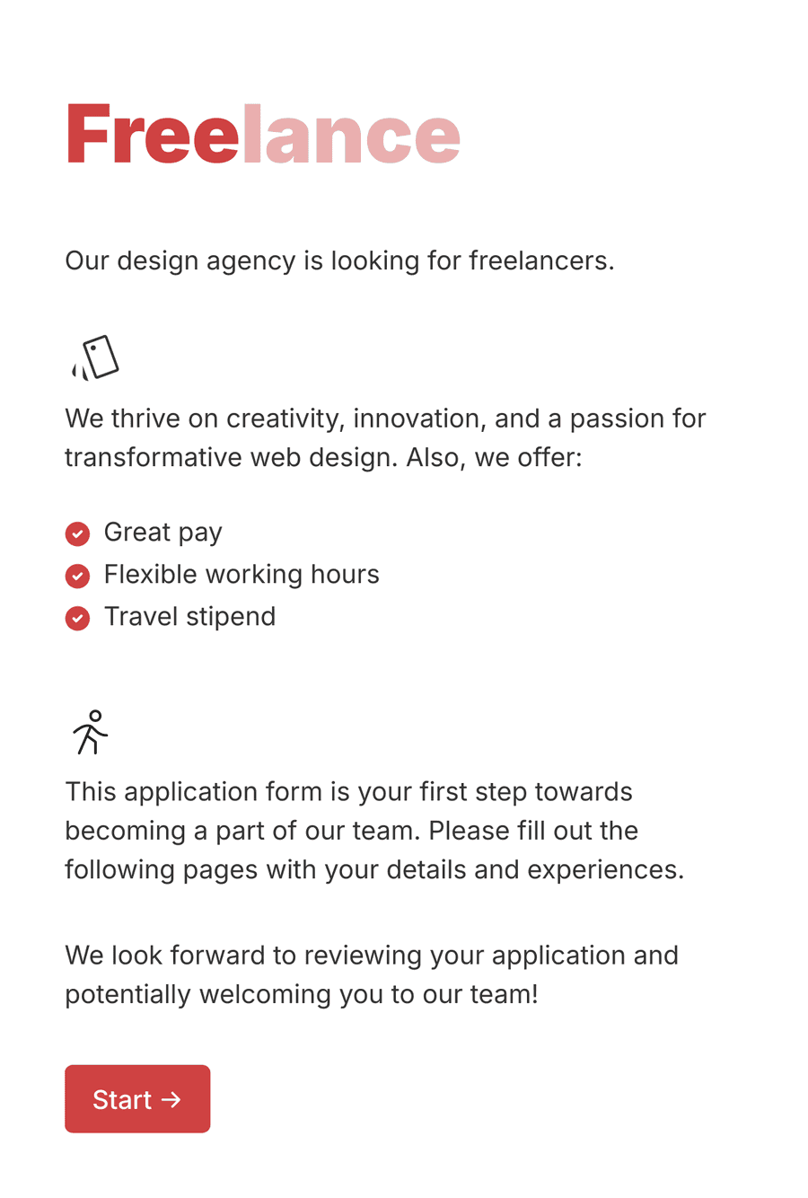 Welcome step of 'Freelance application form' with an illustration, introduction text, and a 'Start' button