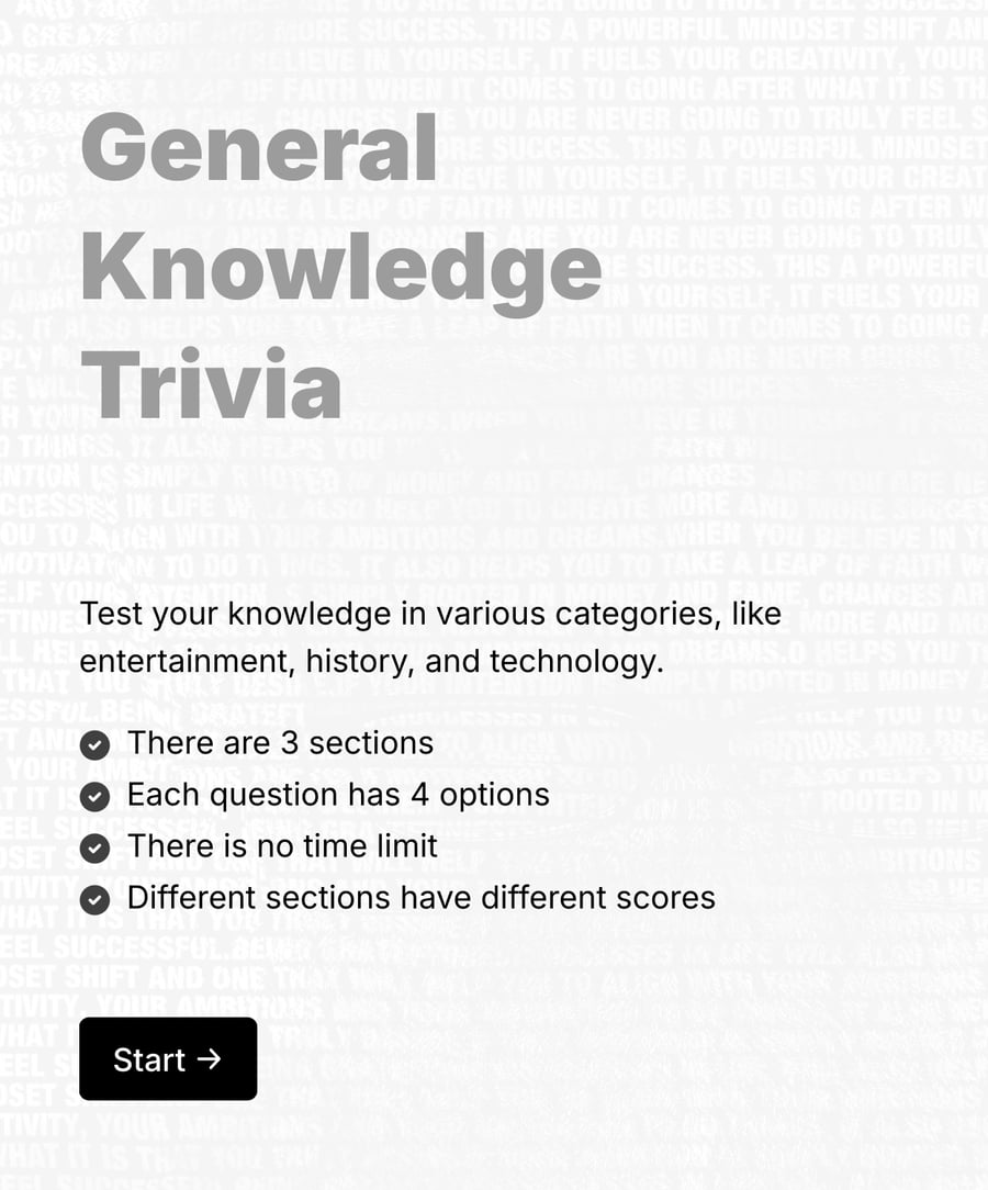 Welcome step of 'General knowledge trivia' with introduction text, and a 'Start' button