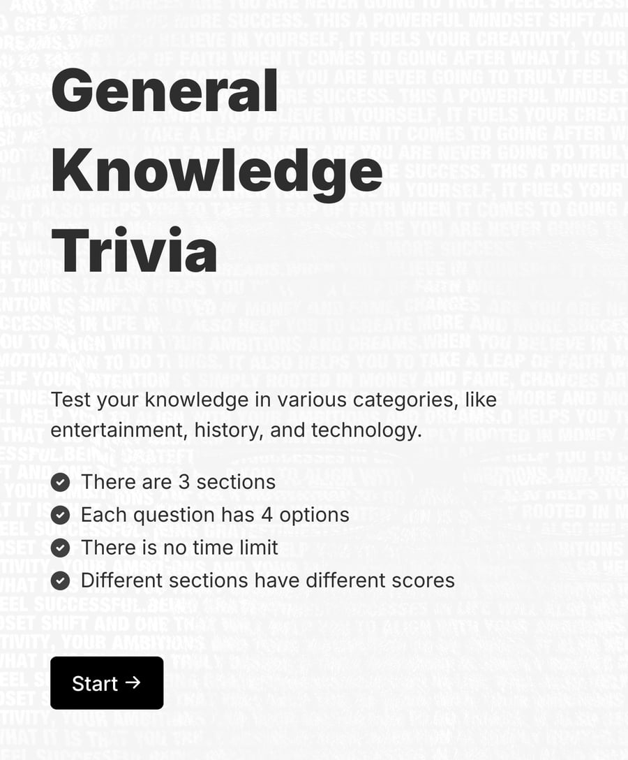 Welcome step of 'General knowledge trivia' with introduction text, and a 'Start' button