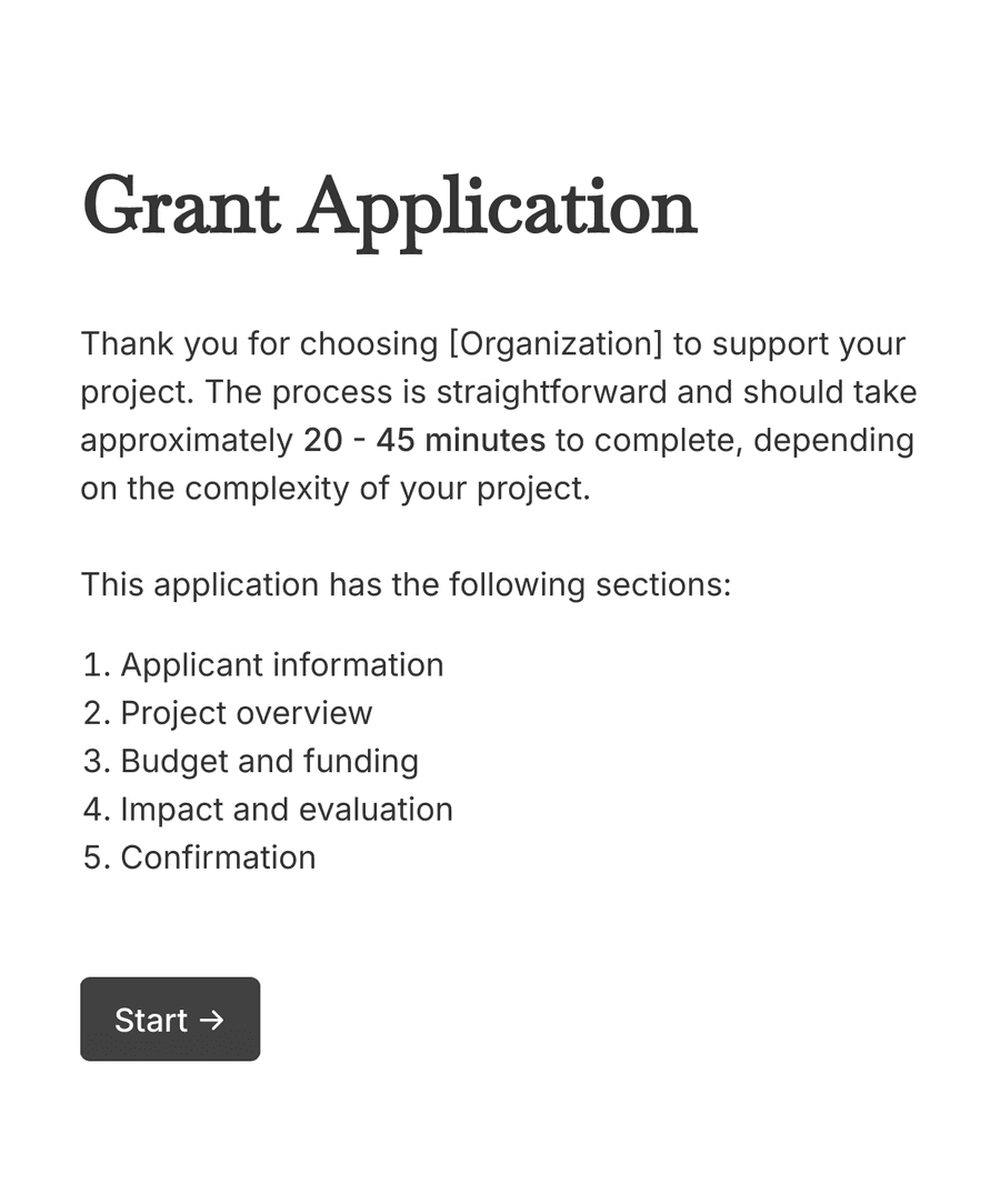 Welcome step of 'Grant Application Form' with introduction text, and a 'Start' button