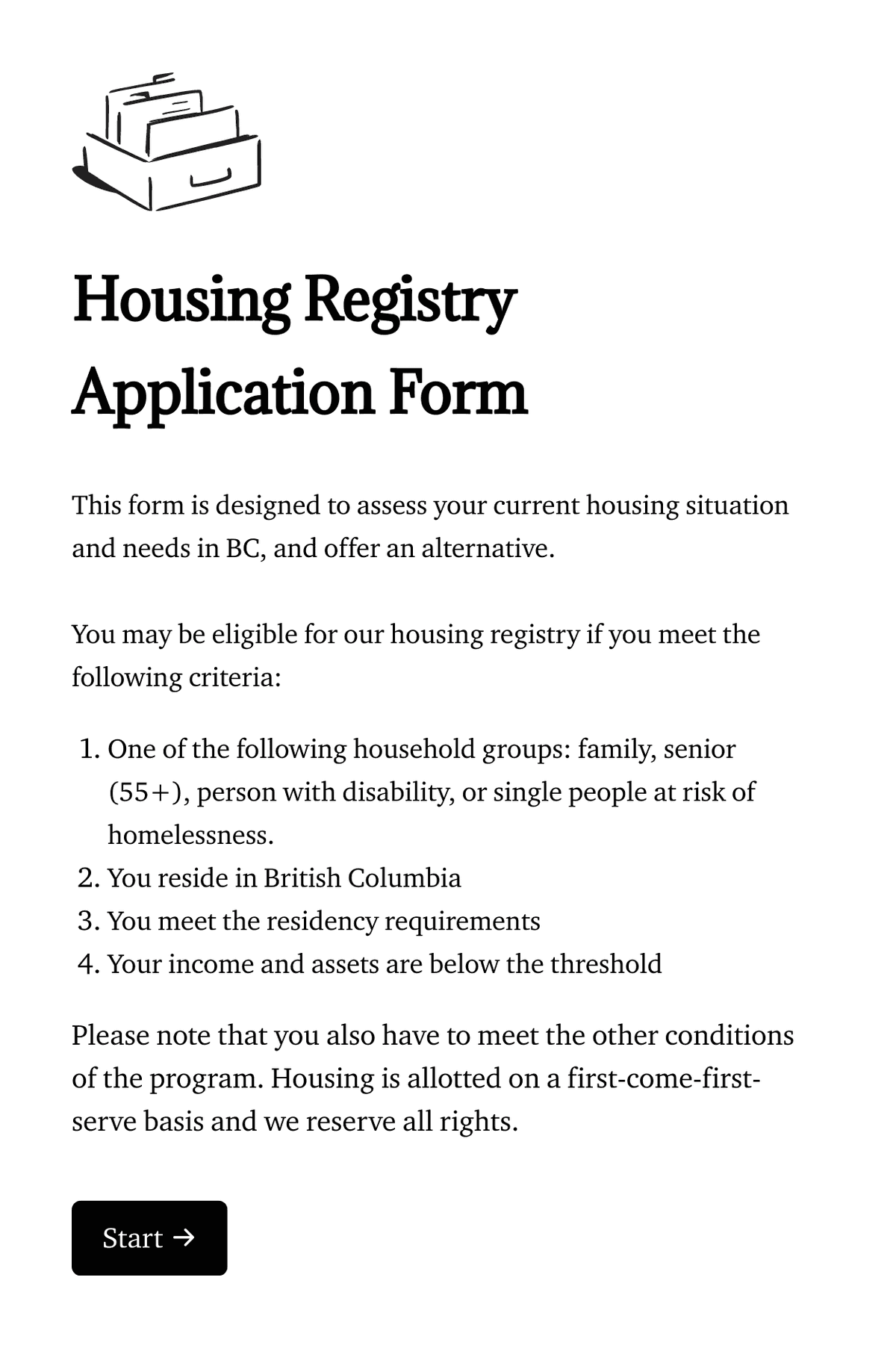 Welcome step of 'Housing registry application form' with an image, introduction text, and a 'Start' button