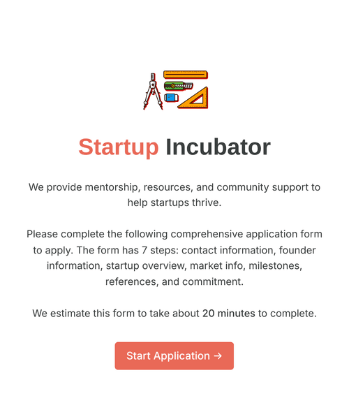 Thumbnail of a startup incubator application form form template