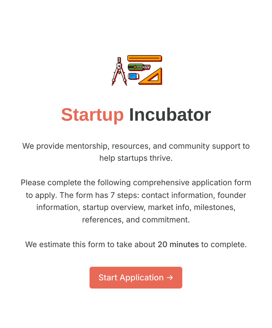 Welcome page of an incubator's application form with a Start Application button