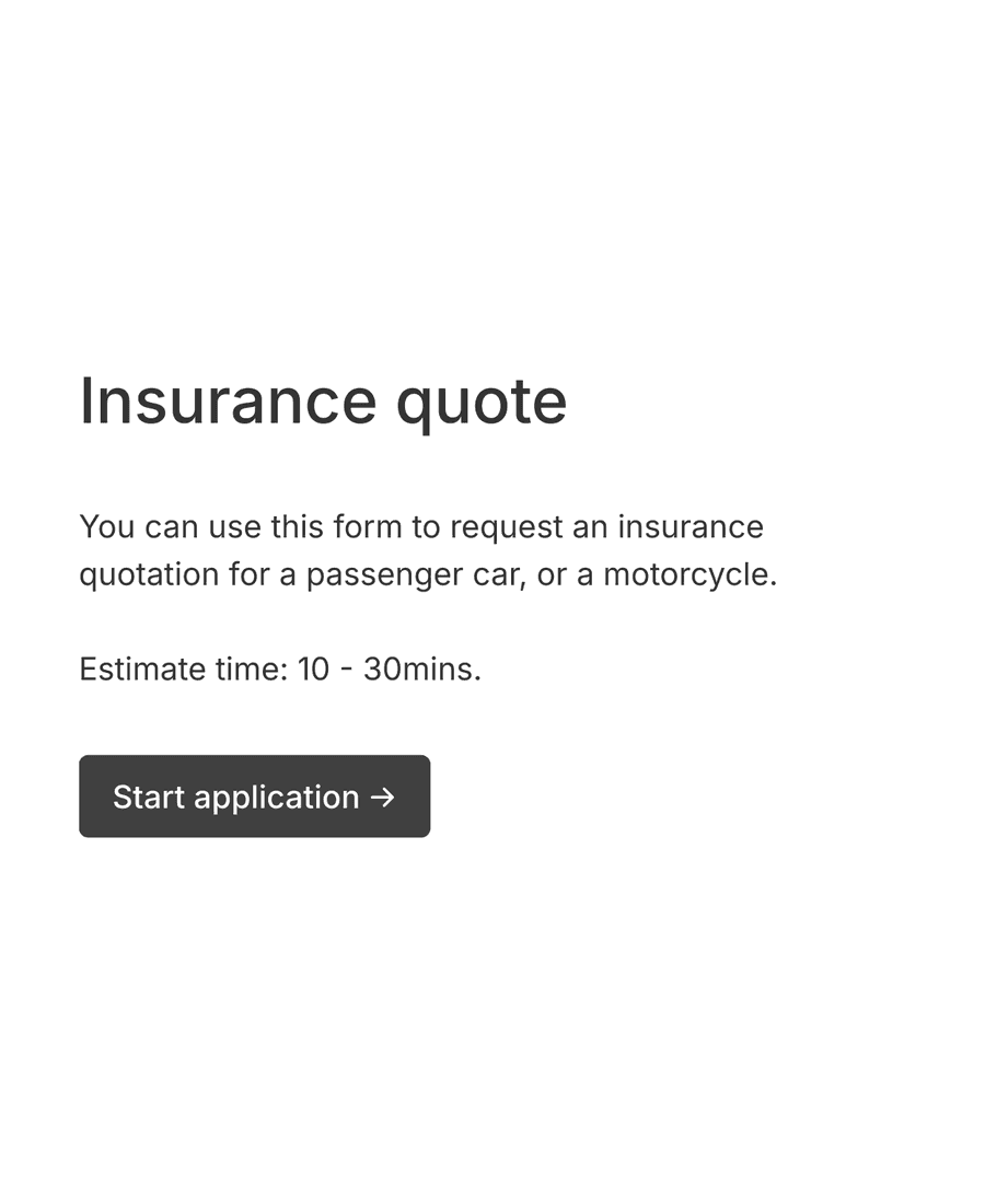 Welcome page of an insurance quote request form with a Start Application button