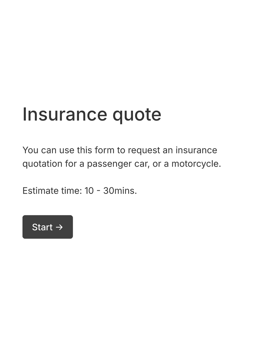 Welcome page of an insurance quote request form with a Start button