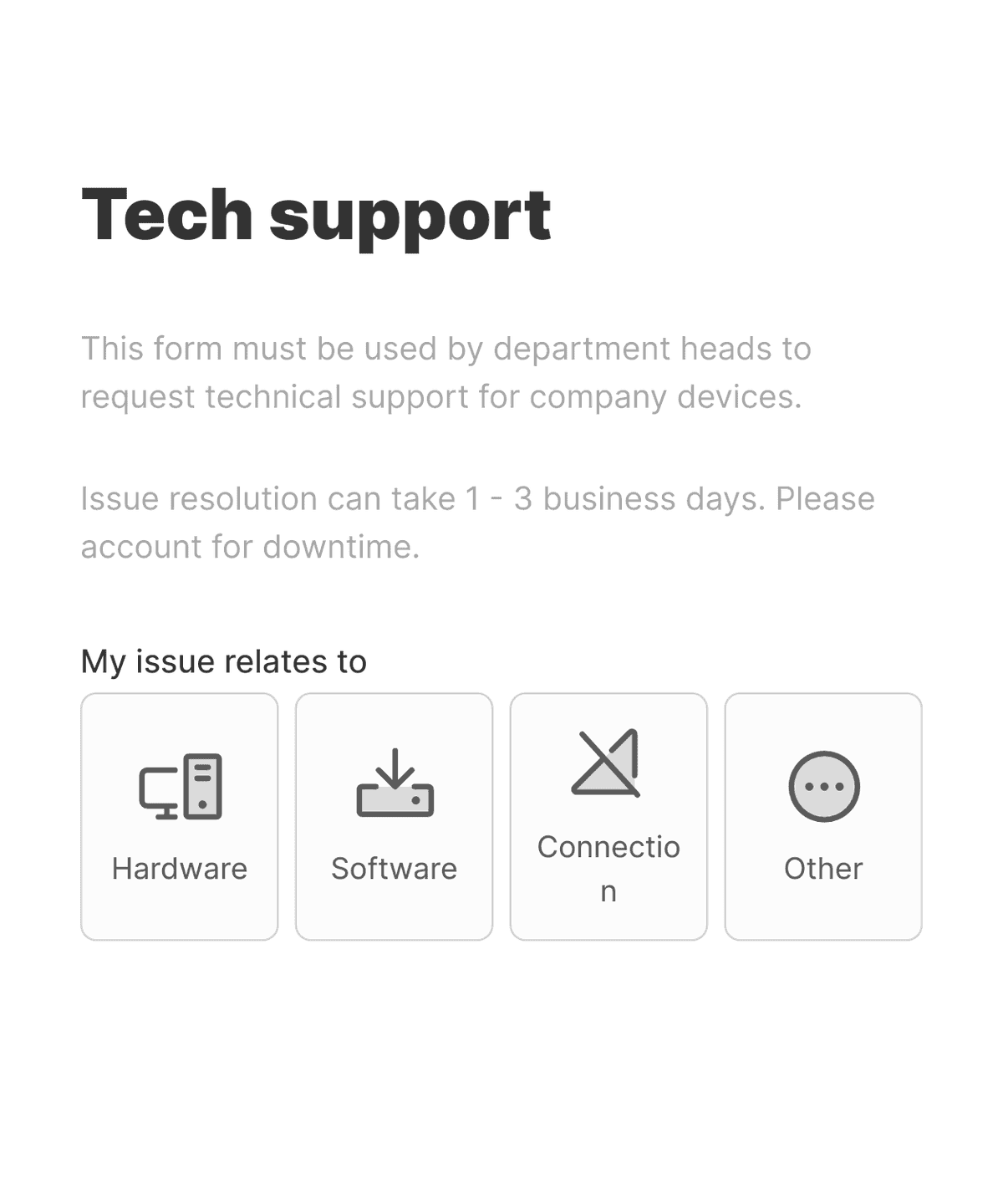 'Technical support requisition' form with various input fields and a submit button