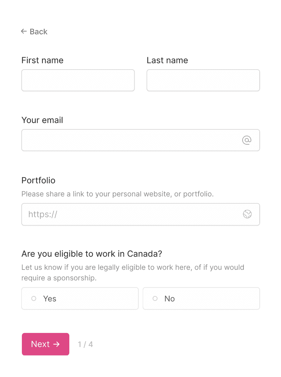 'Applicant information' step of 'Job application form' with form inputs and a next button