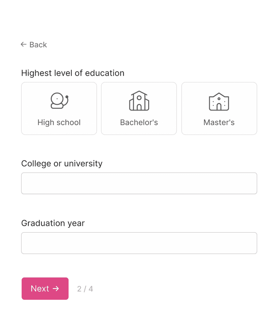 'Education' step of 'Job application form' with form inputs and a next button