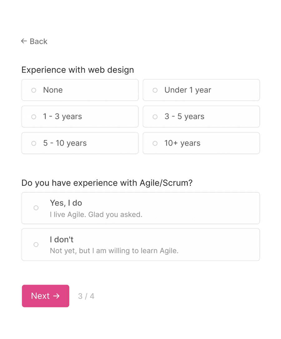 'Previous experience' step of 'Job application form' with form inputs and a next button