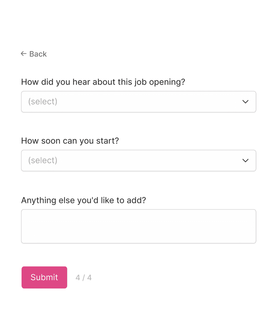 'Other info' step of 'Job application form' with form inputs and a submit button