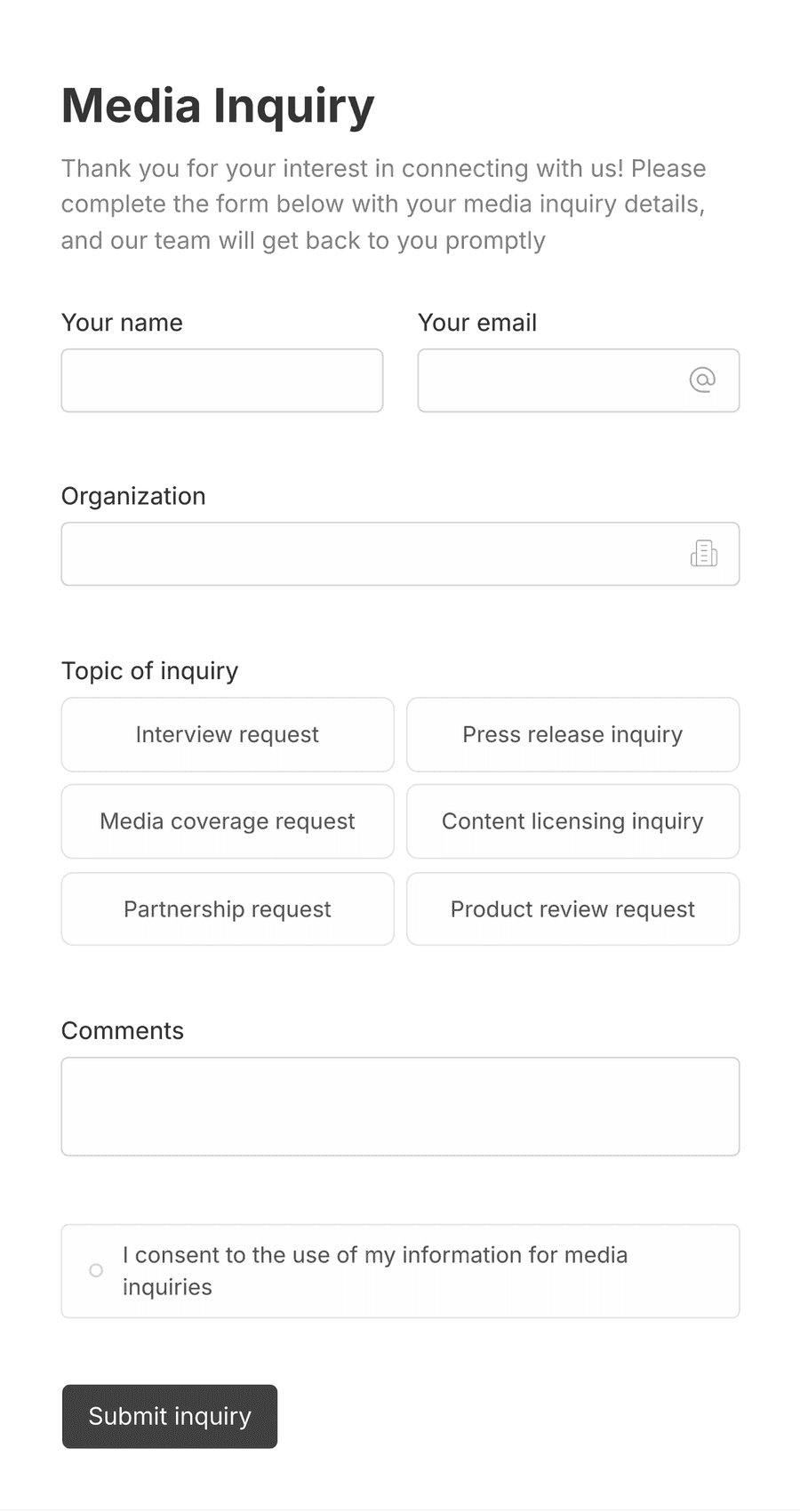 Form with input fields for a media or press inquiry request