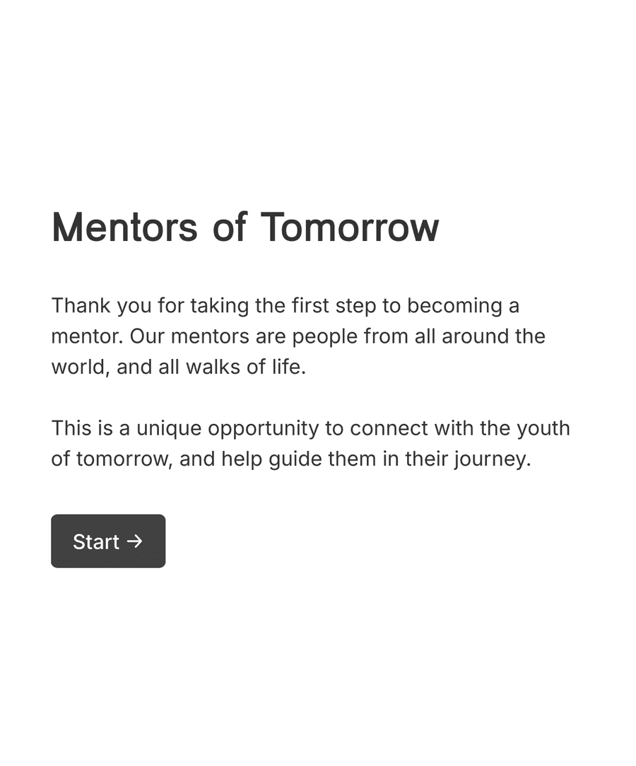 Welcome page of a mentor application form with text and a start button