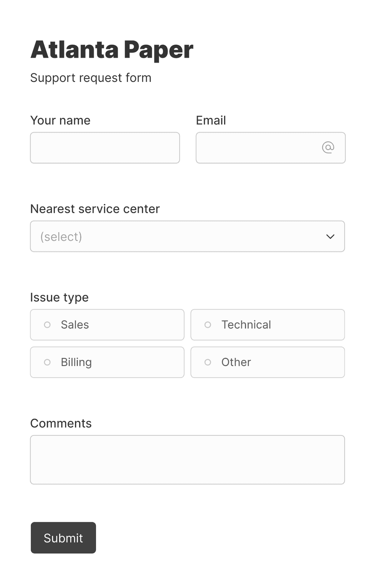 'Minimal support request form' form with various input fields and a submit button