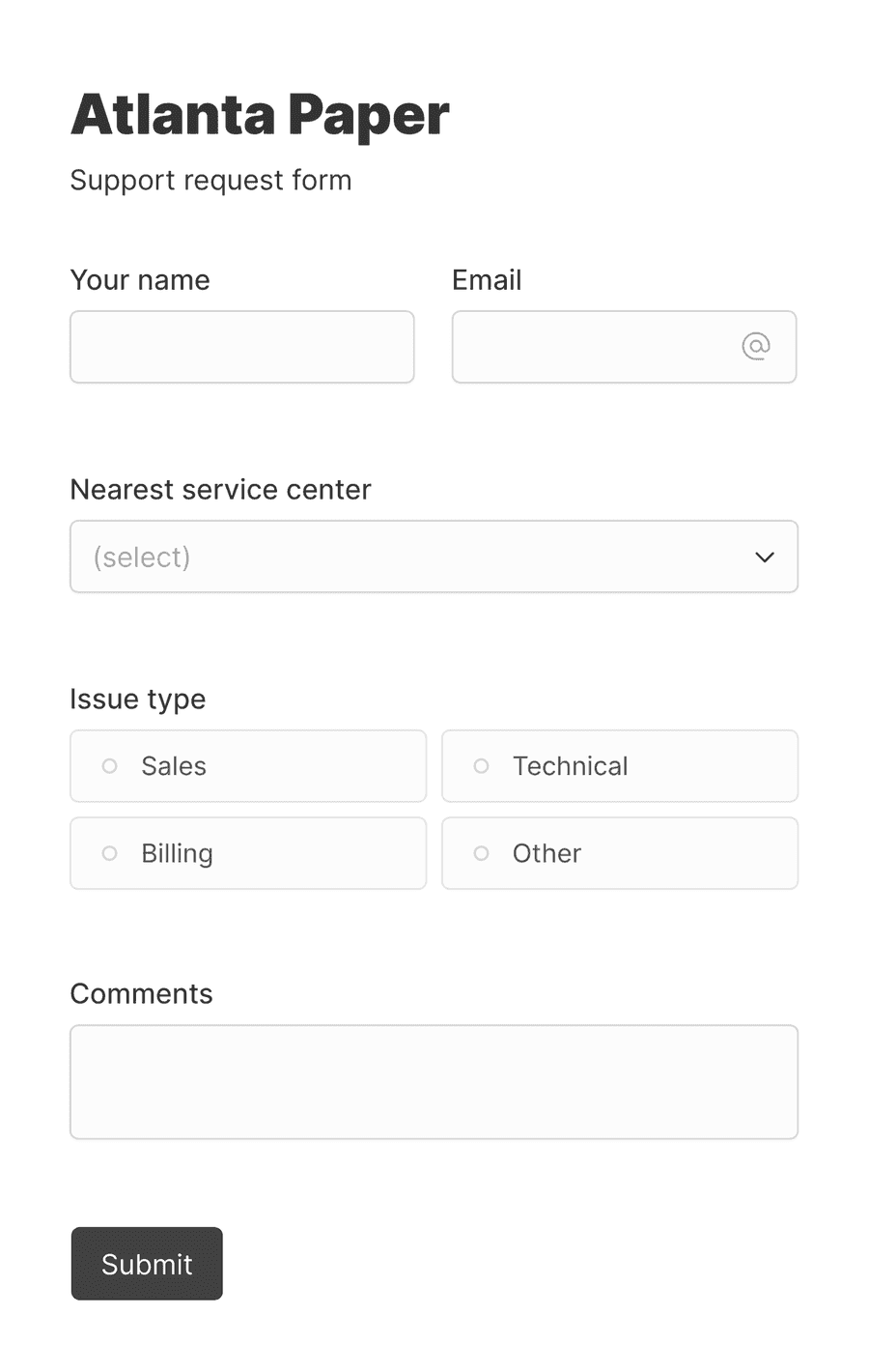 'Minimal support request form' form with various input fields and a submit button