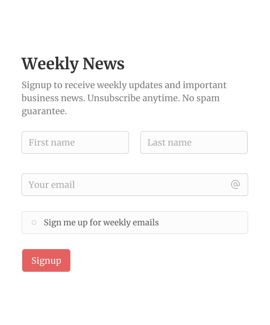 Email signup form template with old style text and basic information collection input fields