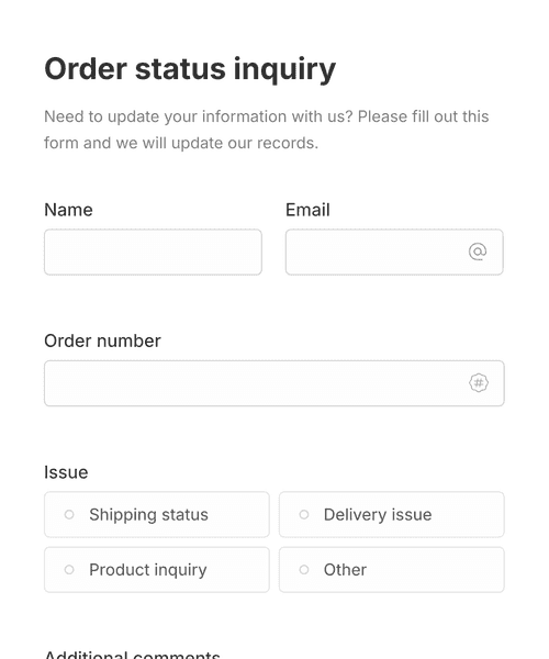 Thumbnail of a order status inquiry form template