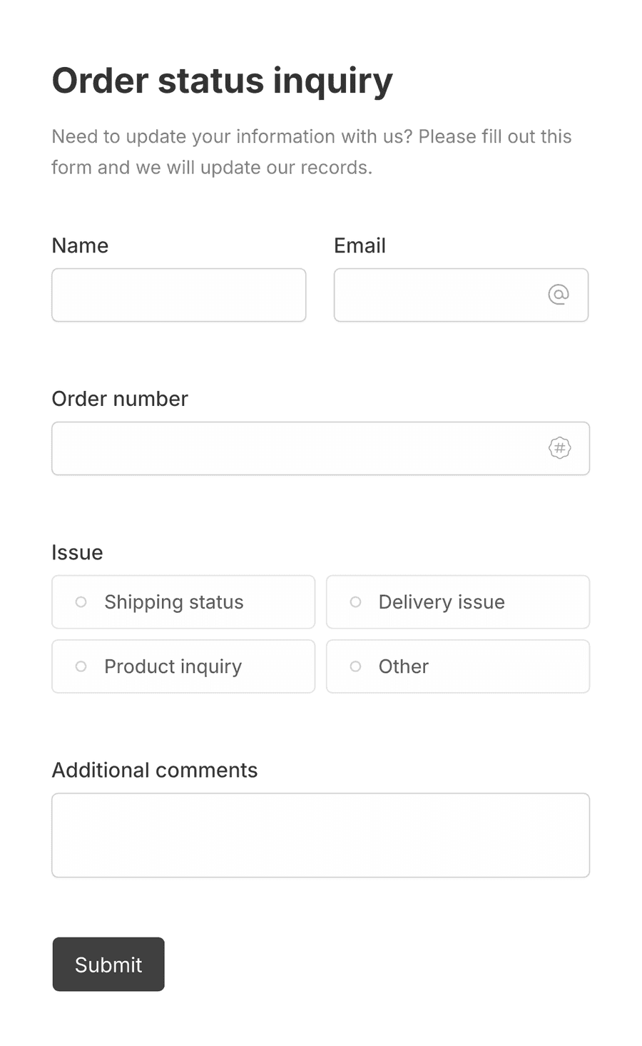 'Order status inquiry' form with various input fields and a submit button