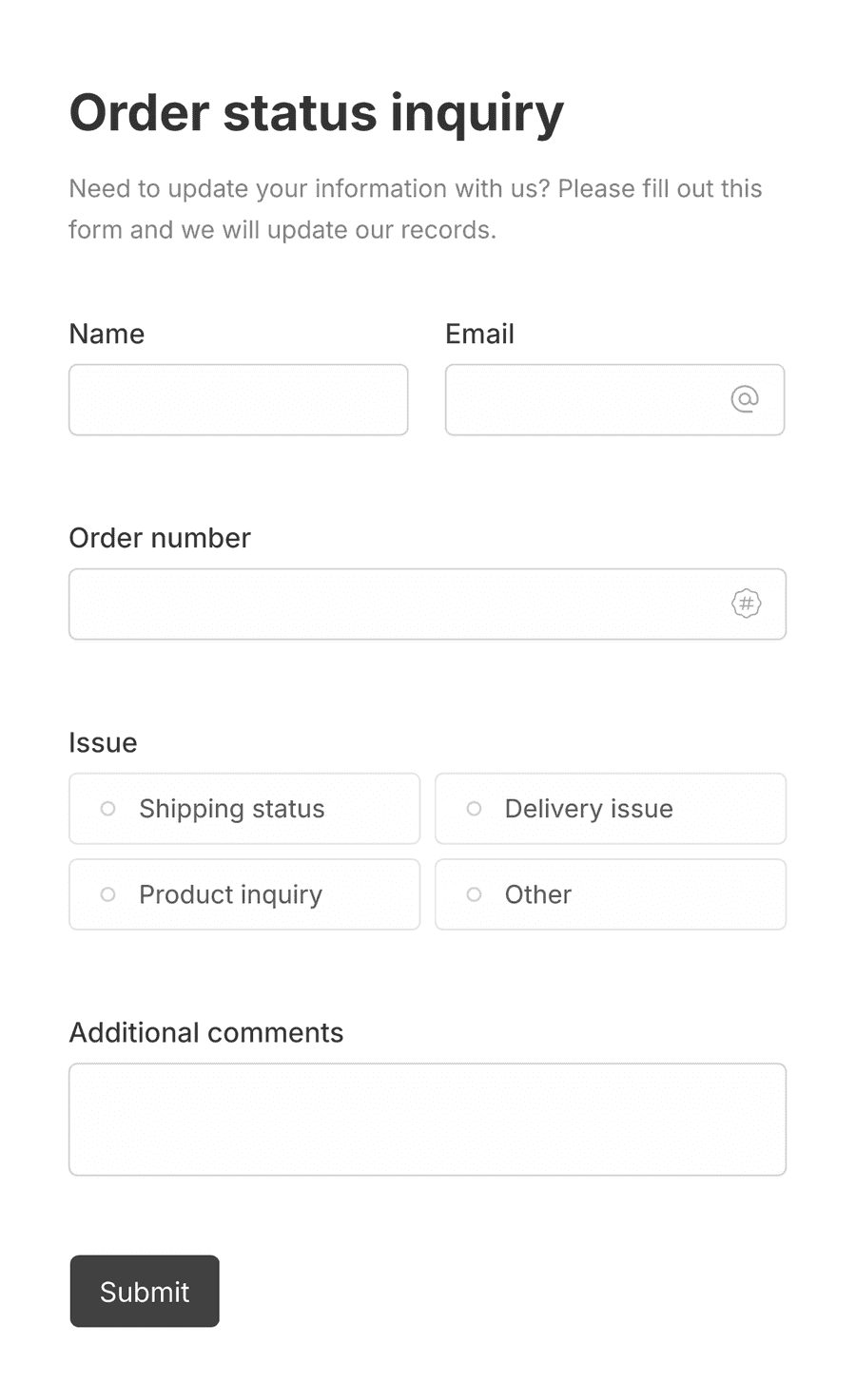 'Order status inquiry' form with various input fields and a submit button