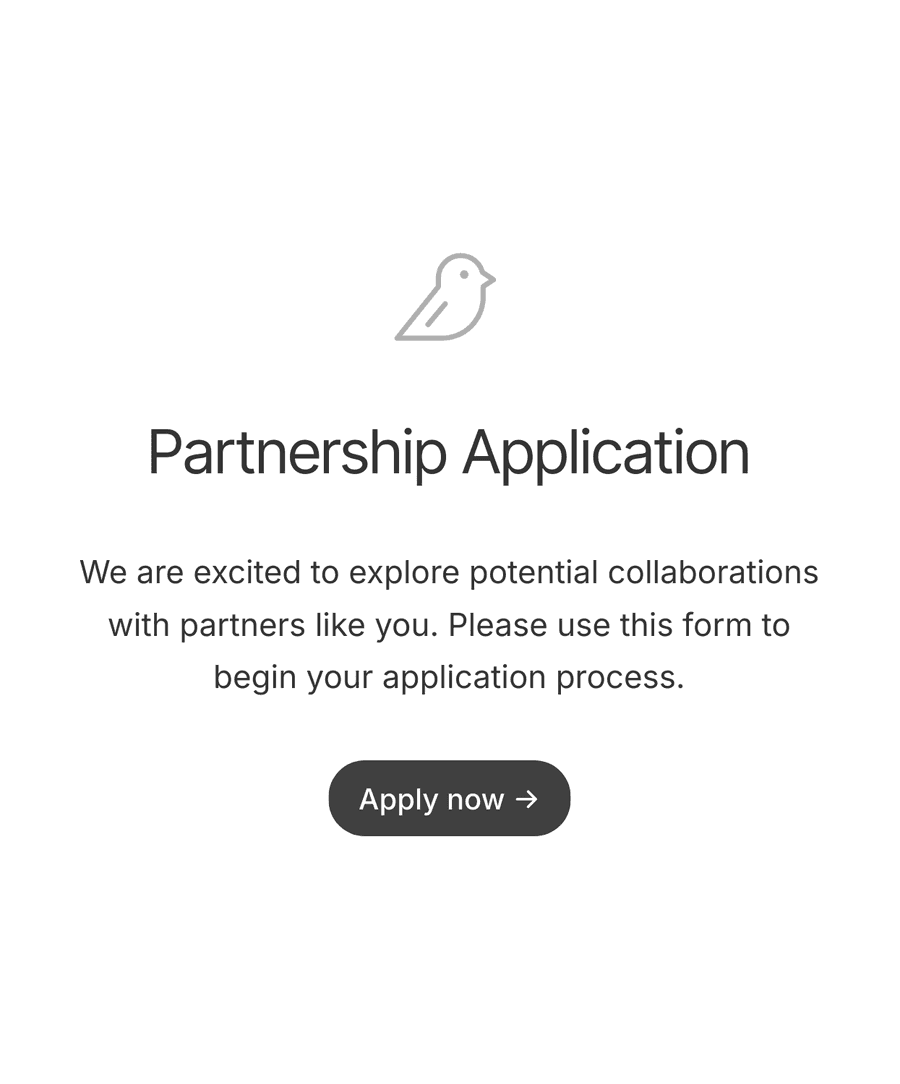 Welcome page of a partnership application form with a logo and Apply Now button