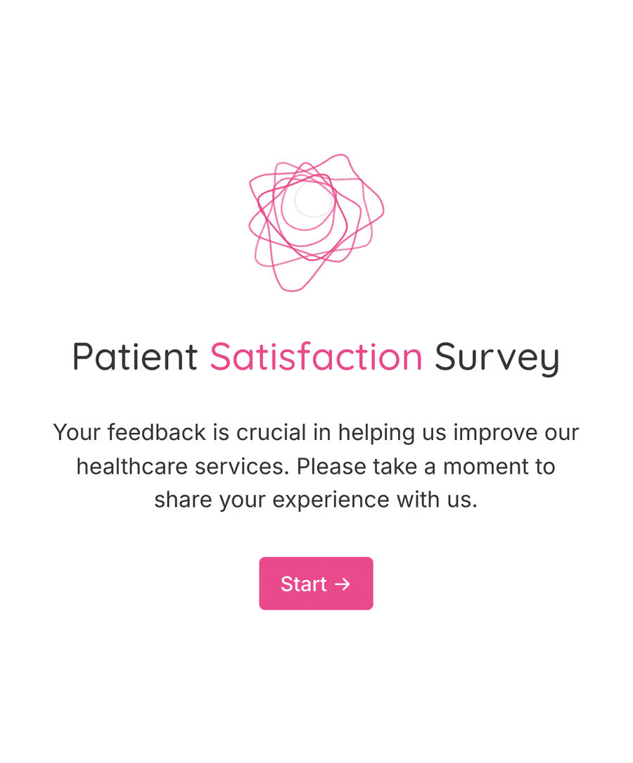 Welcome step of 'Patient satisfaction survey' with an image, introduction text, and a 'Start' button