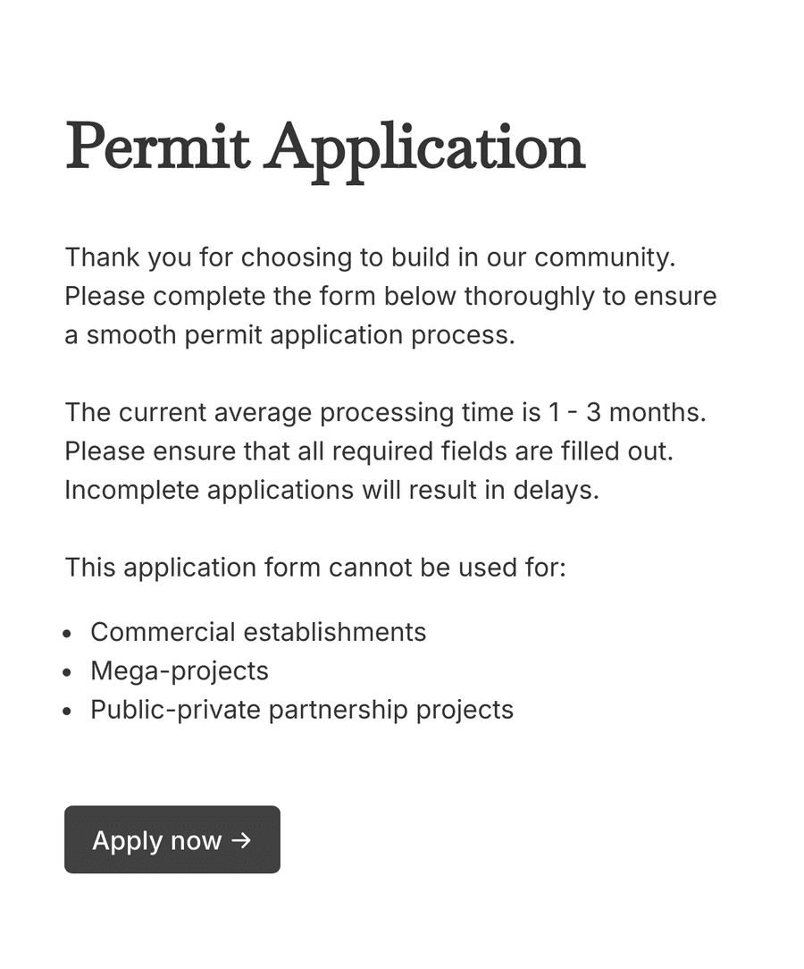 Welcome step of 'Permit application form' with introduction text, and a 'Apply now' button