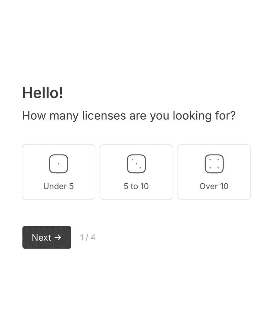 First page of a pricing request form with a greeting, and a multiple-choice field