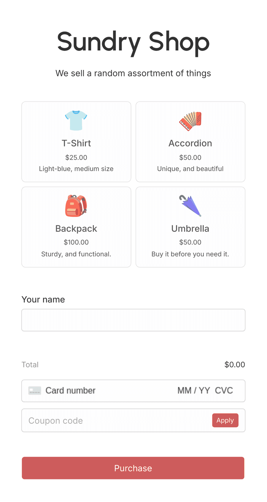 Order form with product showcase, and payment fields