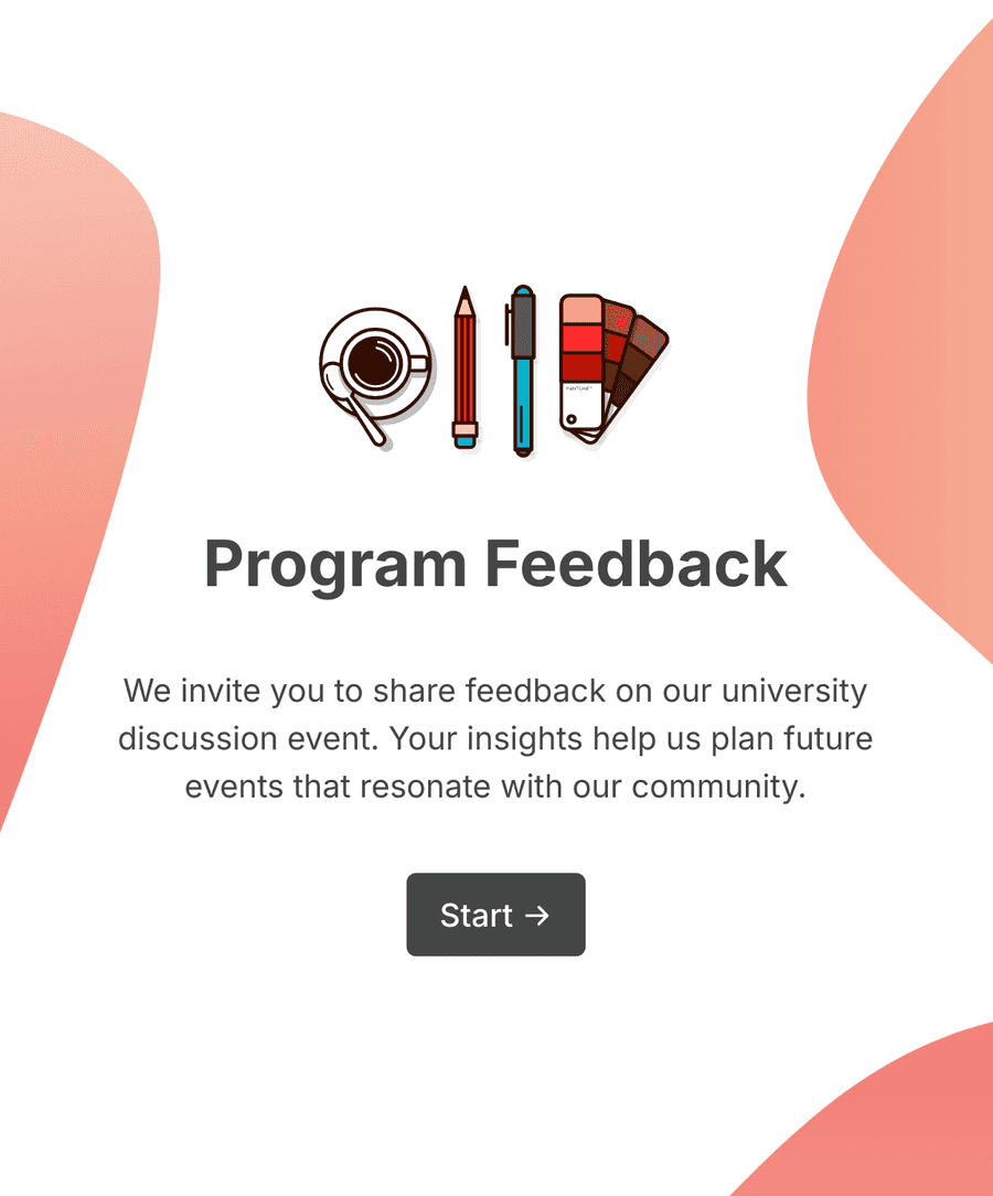 Welcome step of 'Program feedback form' with an image, introduction text, and a 'Start' button