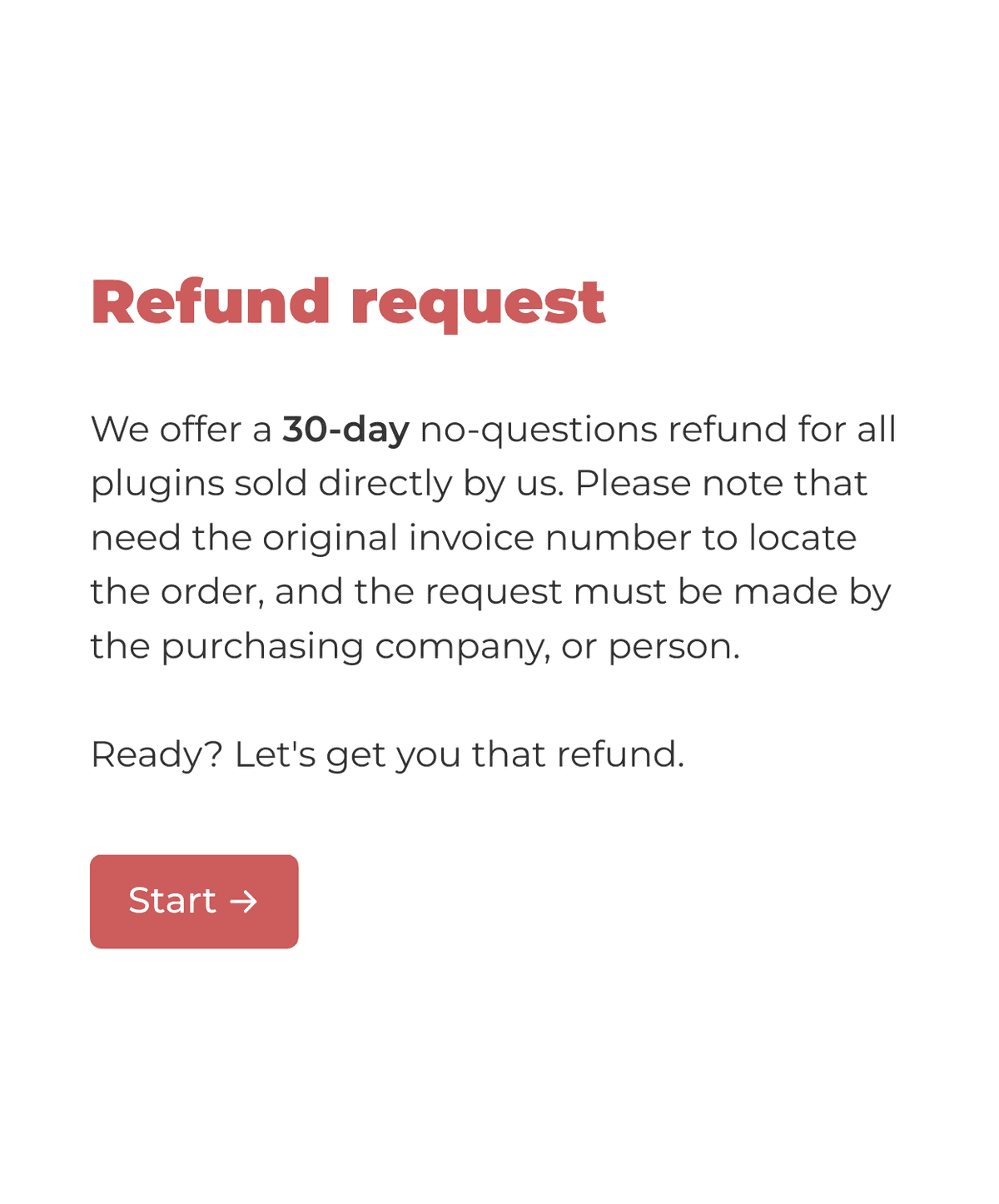 Welcome page of a refund request form stating refund terms with a 'Start' button