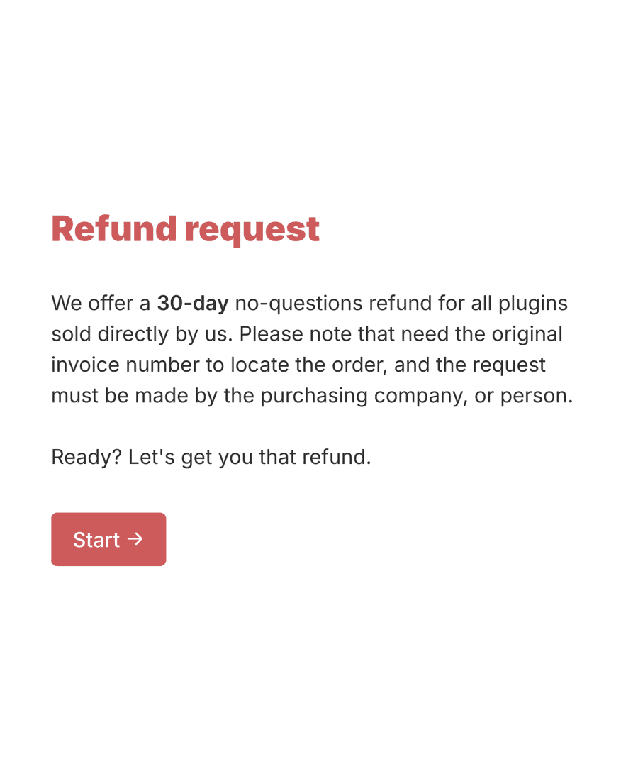 Welcome page of a refund request form stating refund terms with a 'Start' button