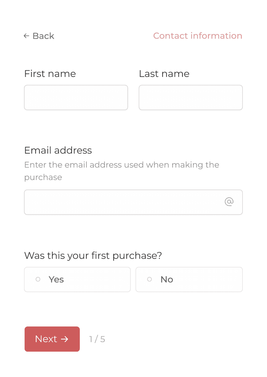 'Contact information' step of 'Refund request form' with form inputs and a next button