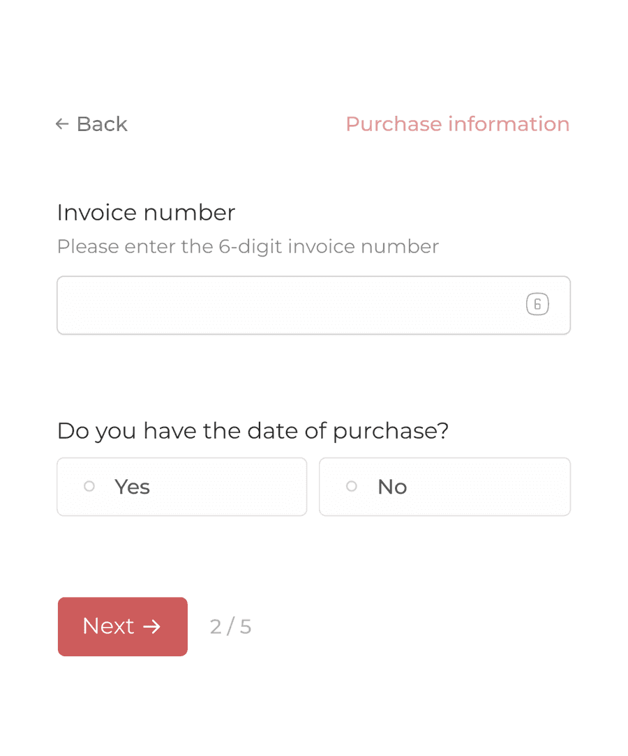 'Purchase information' step of 'Refund request form' with form inputs and a next button