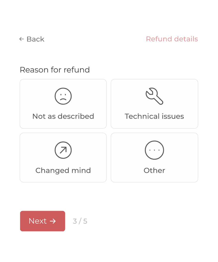 'Refund details' step of 'Refund request form' with form inputs and a next button