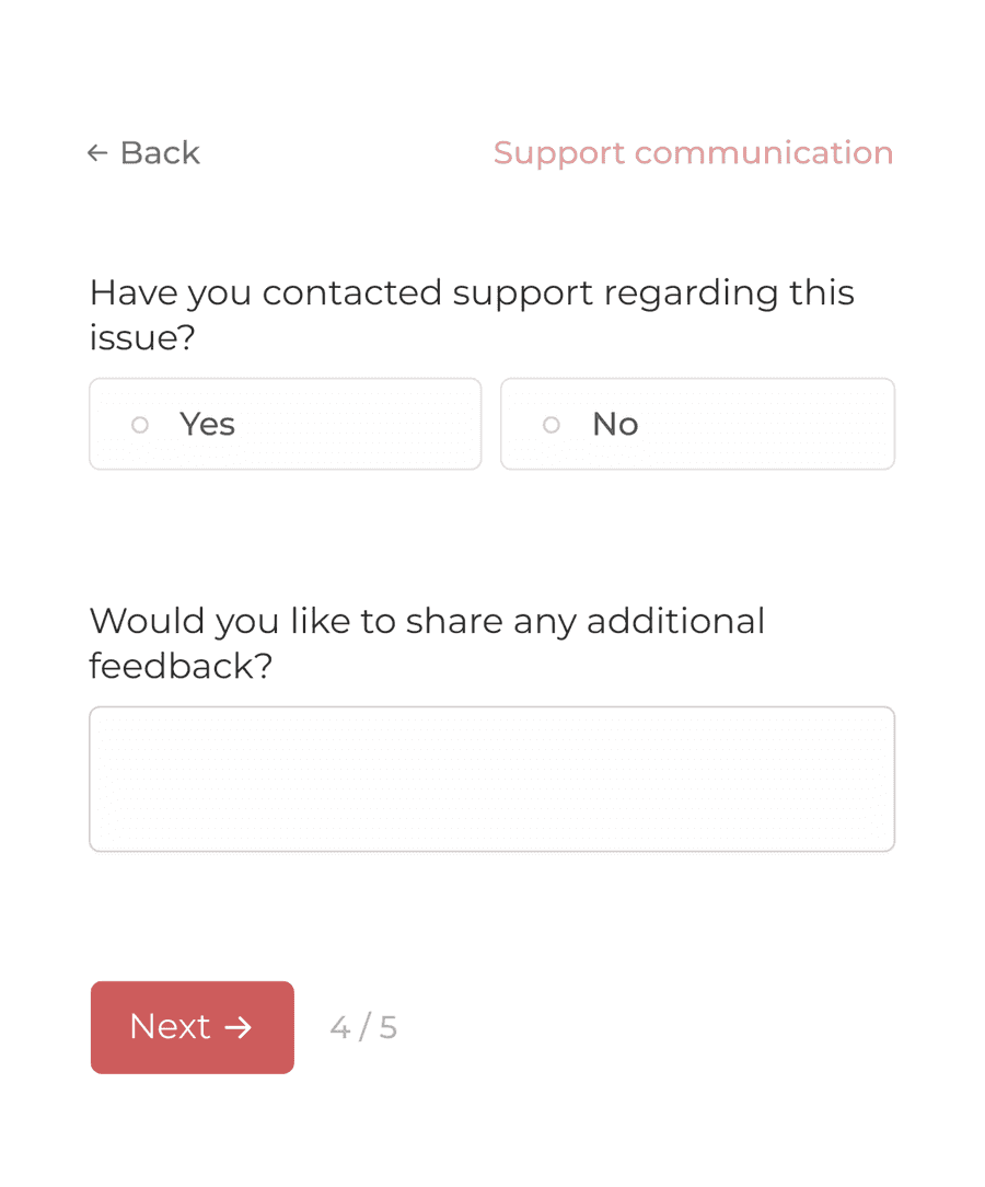 'Support communication' step of 'Refund request form' with form inputs and a next button