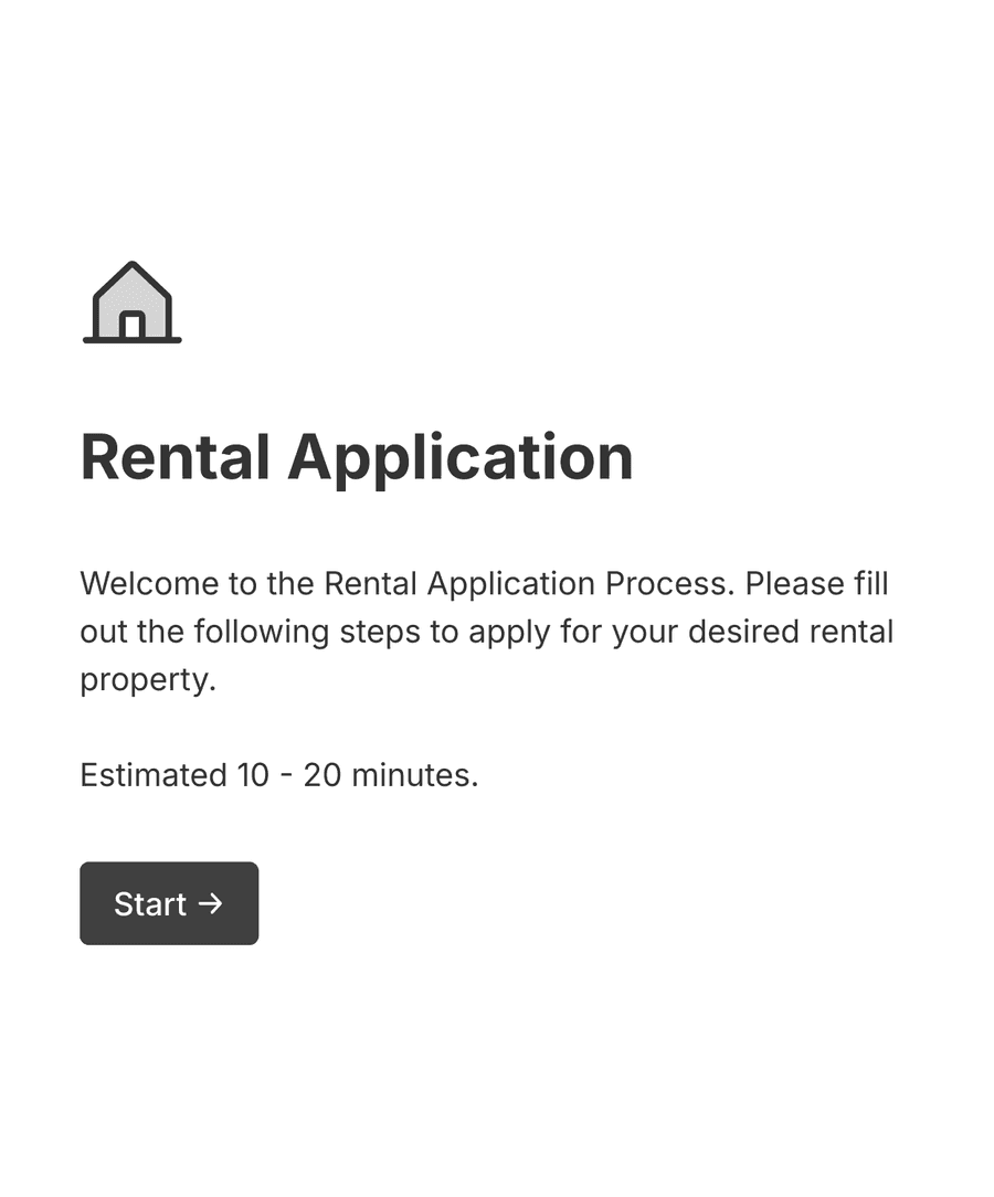 Welcome step of 'Rental application form' with an illustration, introduction text, and a 'Start' button