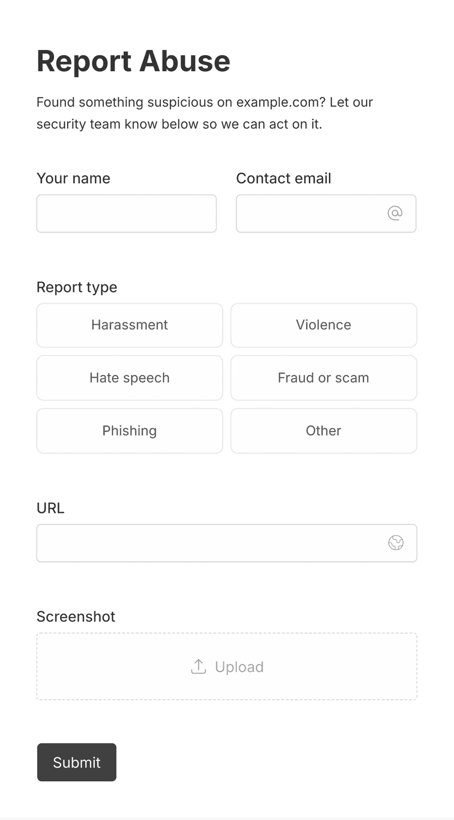 'Report abuse form' form with various input fields and a submit button