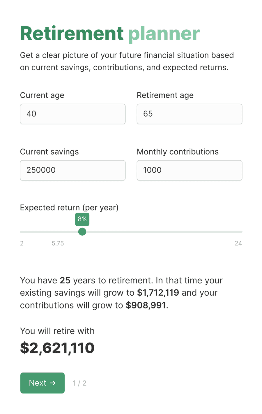 Welcome step of 'Retirement savings calculator' with introduction text, and a 'Start' button