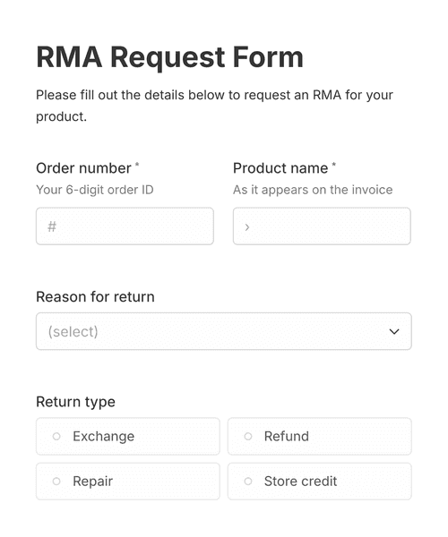 Thumbnail of a return merchandise authorization (rma) form form template