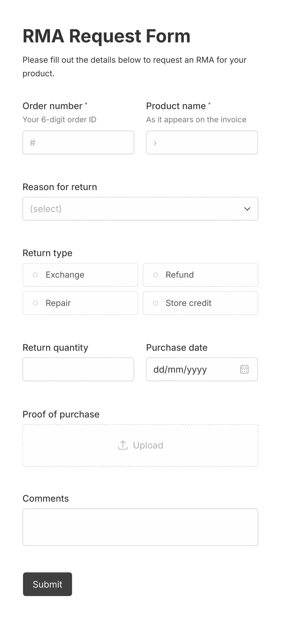 'Return merchandise authorization (RMA) form' form with various input fields and a submit button