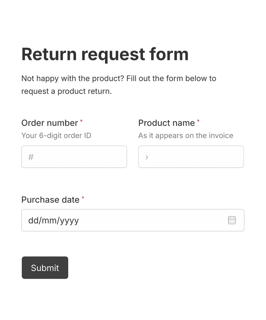 'Return request form' form with various input fields and a submit button