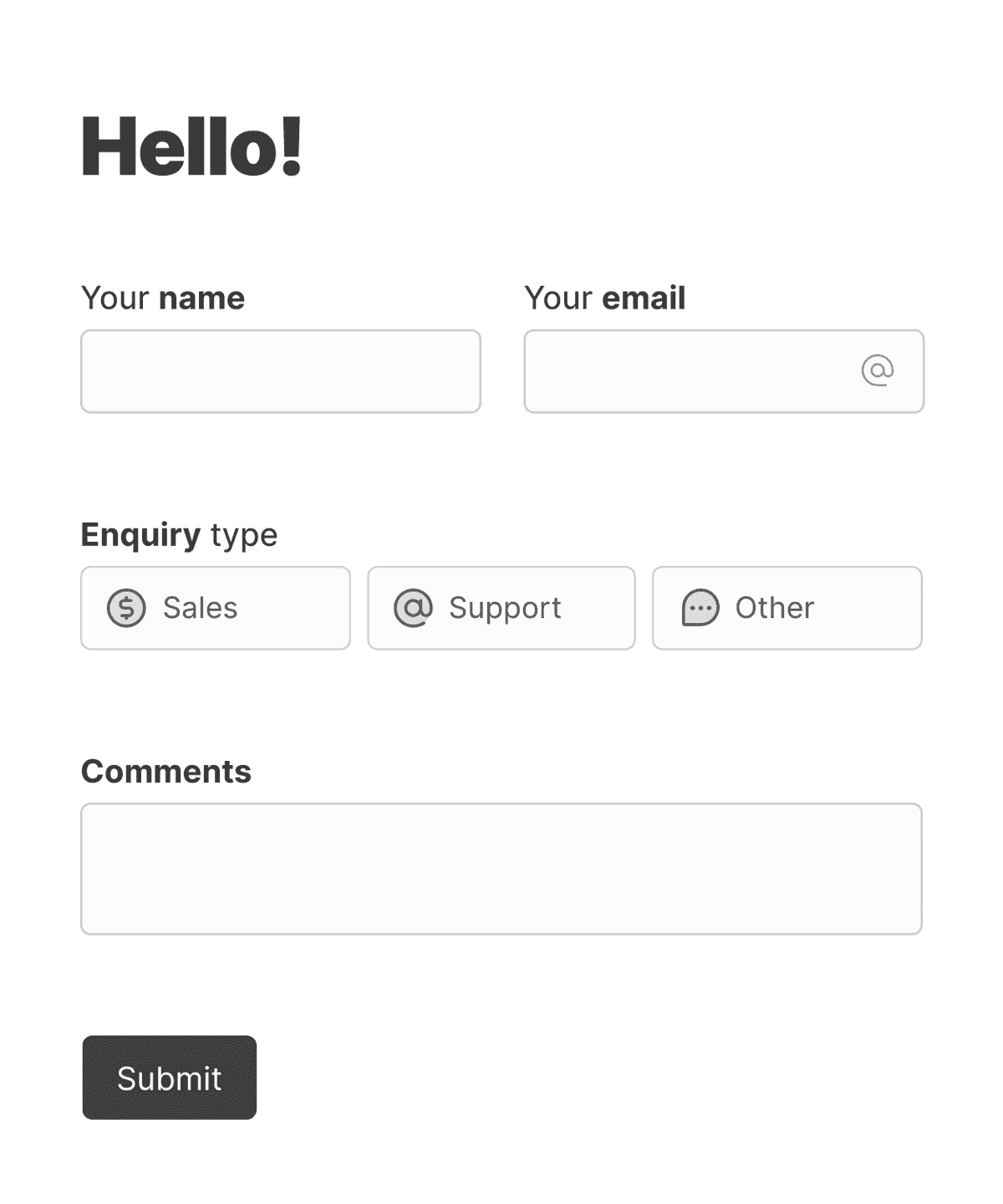 'Sales and support contact form' form with various input fields and a submit button