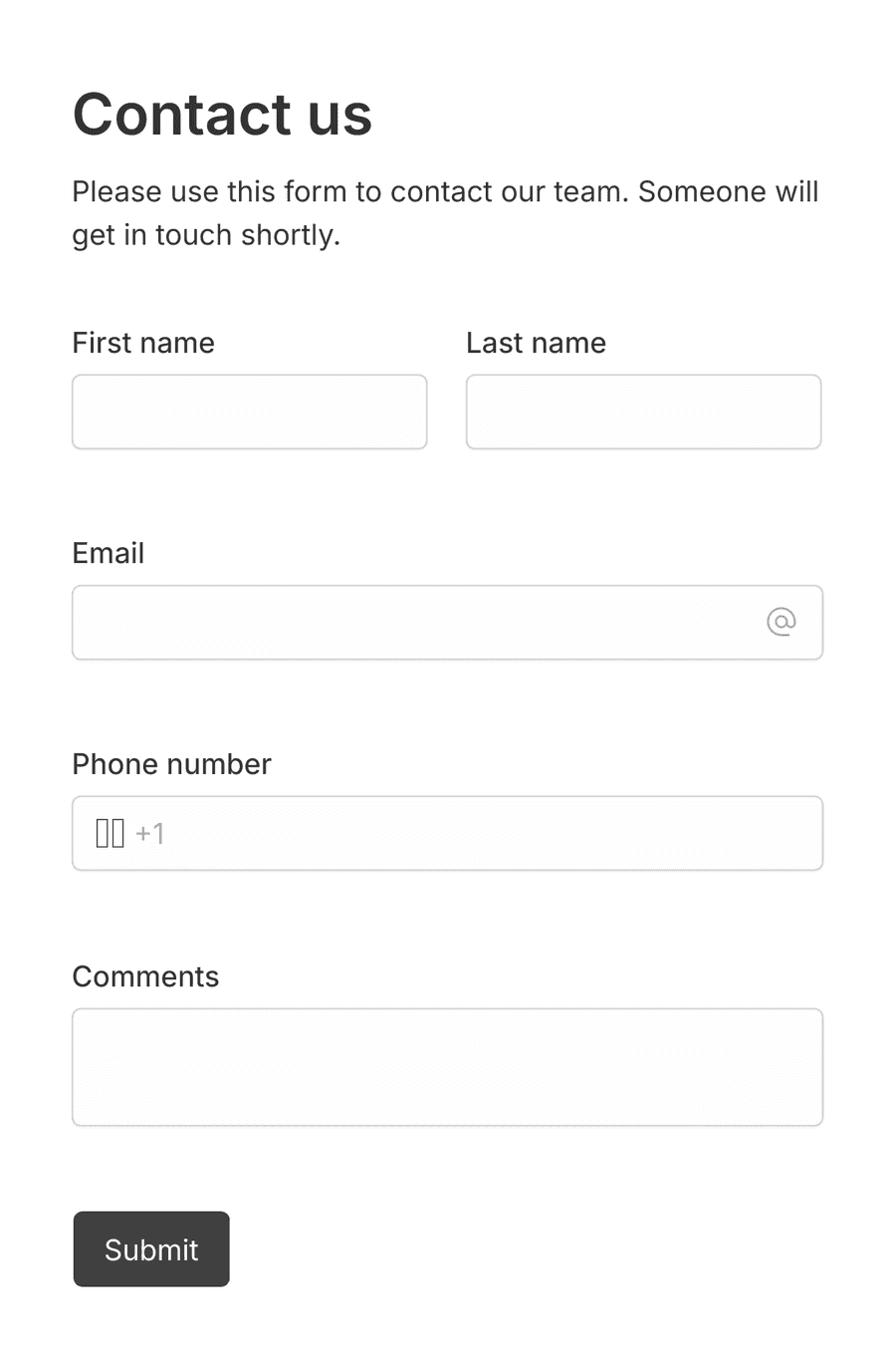 'Salesforce contact us' form with various input fields and a submit button