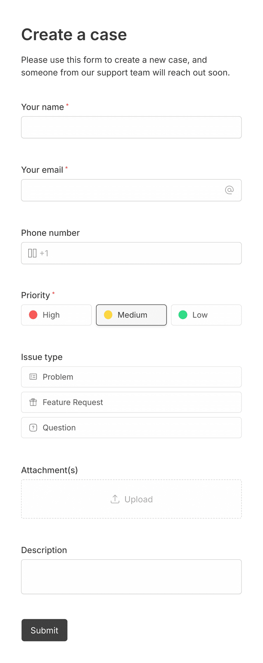 Create case form to with input fields and a submit button