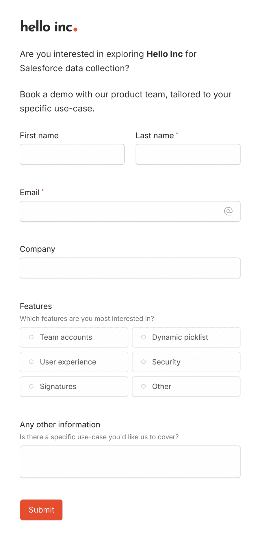 Demo request form with basic fields and a submit button