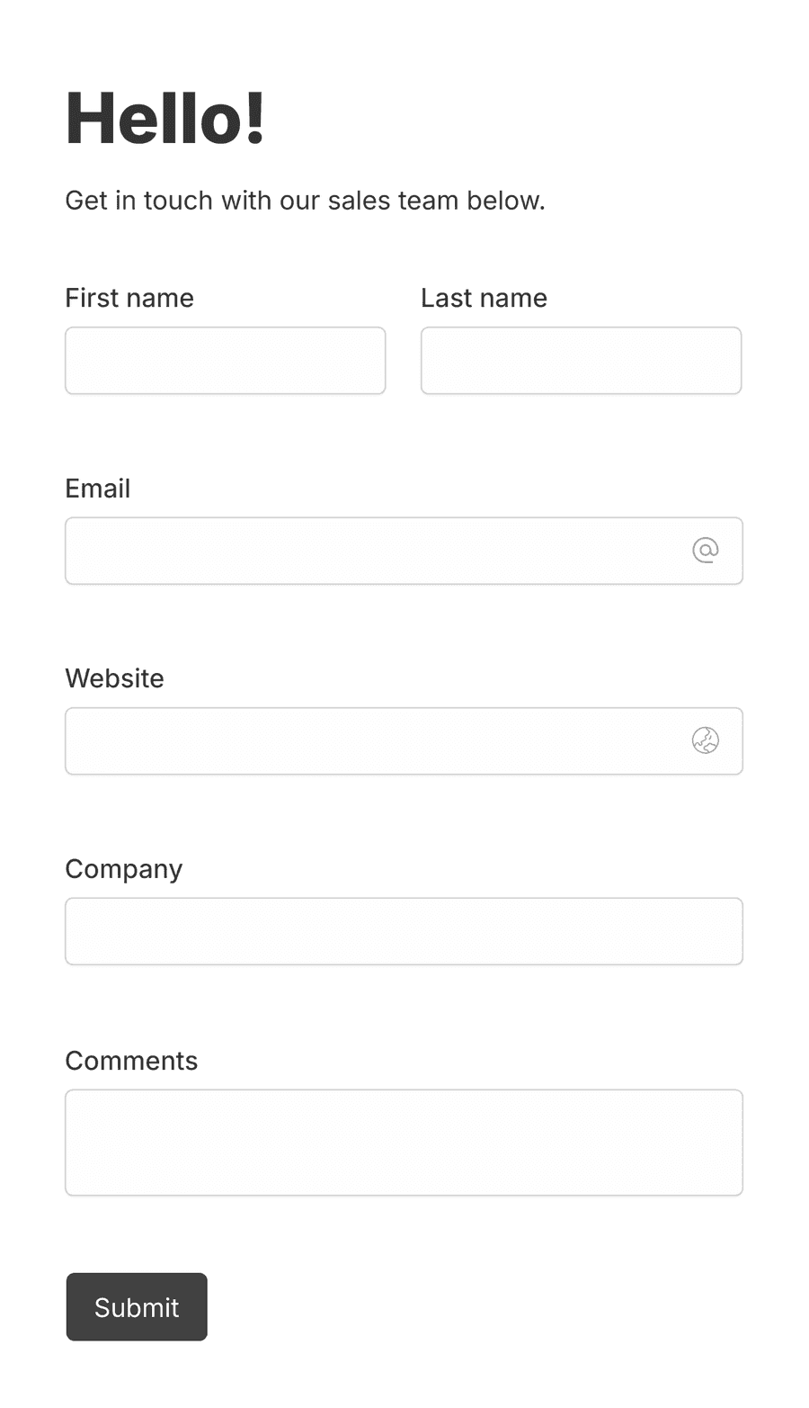 Form template with basic input fields to capture lead information for Salesforce