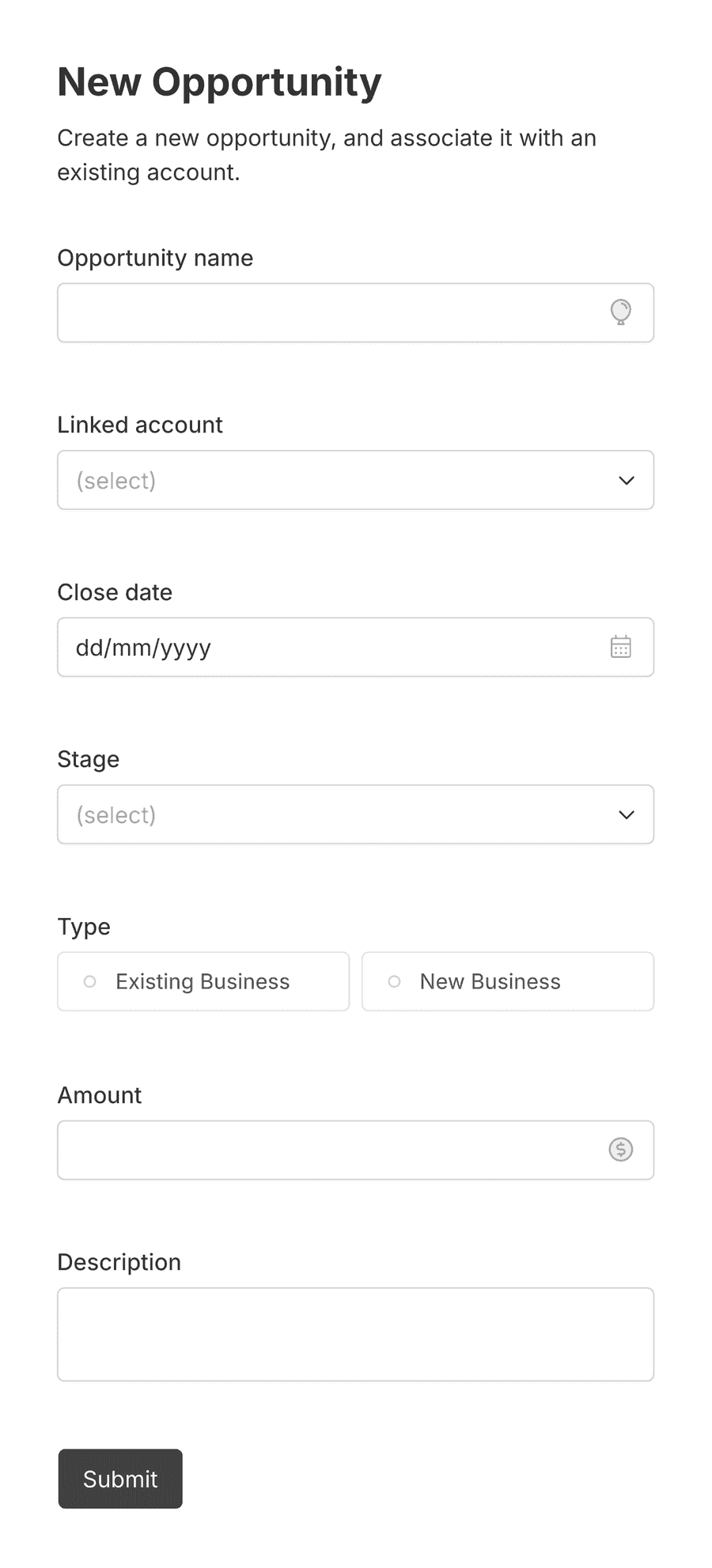 Opportunity creation form with input fields and a submit button